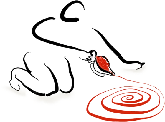 A figure kneeling to draw a red spiral by hand