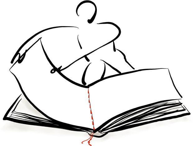 A figure seated on an open book, a red thread running down the spine